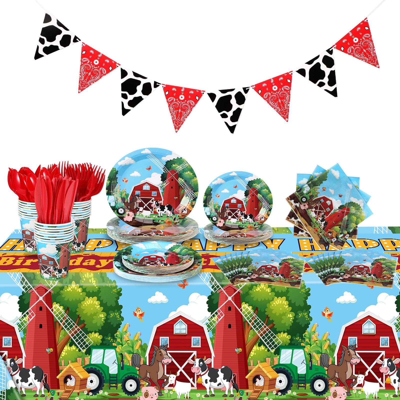 Hushee 171 Pcs Farm Animals Theme Party Supplies Cowboy Farm Barn Party Tablecloth 24 Guests Dinner Plates Dessert Plates Cups Napkins Banner for Baby Shower Western Cowgirl Farm Party Decoration