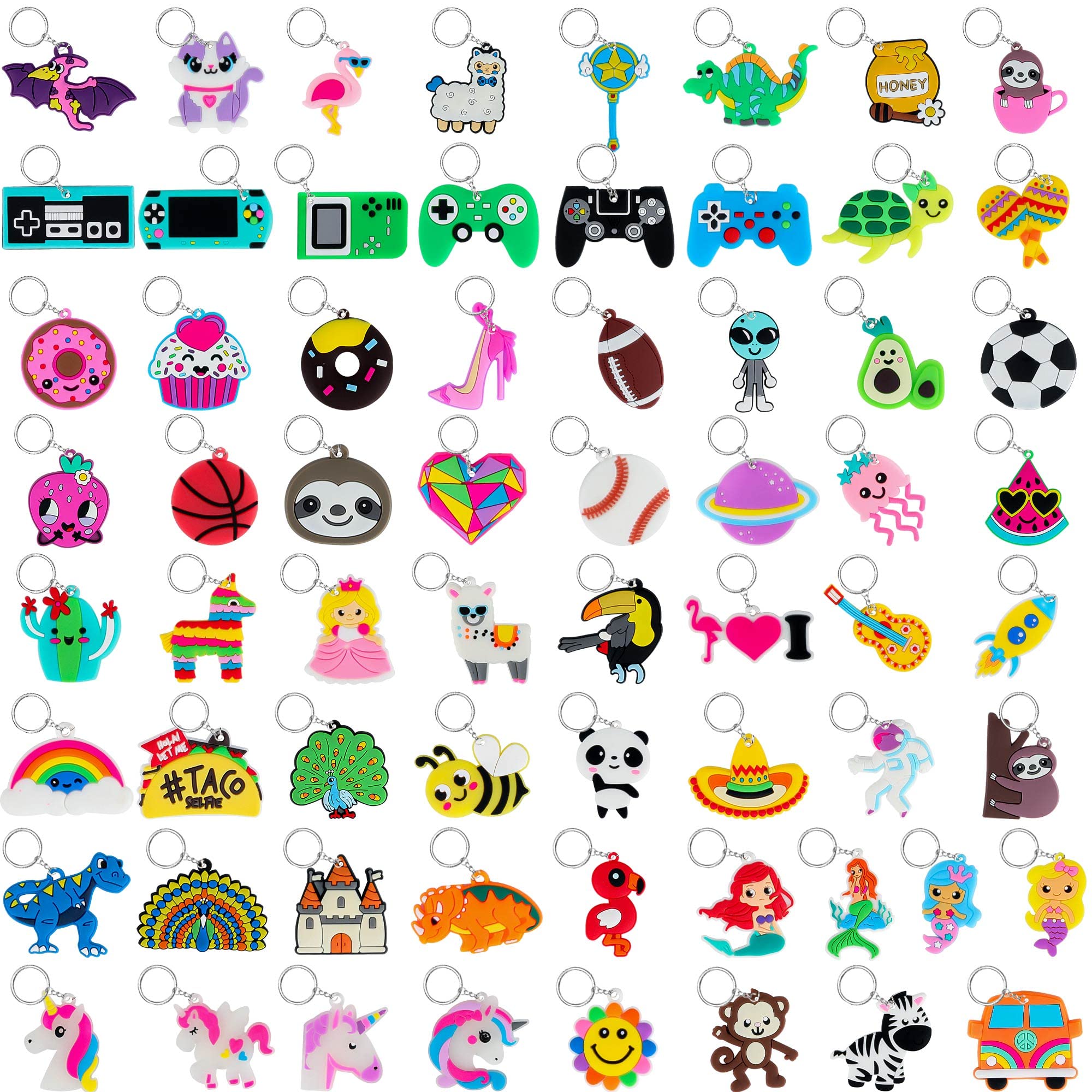 65 PCS Cartoon Keychains for Kids Party Favors Bulk Key Chain with Video Game, Ball, Guitar, Dinosaur, Donut, Glow-in-the-dark Unicorn Keychains Suitable for School Day Birthday Party Supplies Gifts