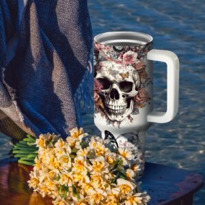 Equoza Horror Gifts Idea for Men - 40oz Gothic Skulls Stainless Steel Travel Mug Tumbler with Handle, Double Wall Vacuun Insulated Cup with Lid and Straw