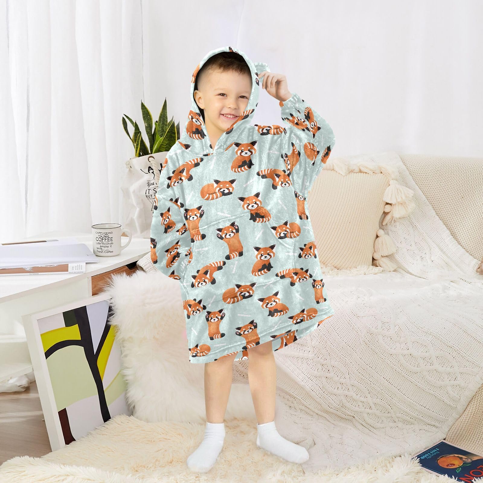 JHKKU Cute Red Panda Wearable Blankets for Kids, Oversized Flannel Blanket Hoodie for Kids, Warm Blanket Hoodie for Boys Girls with Pockets