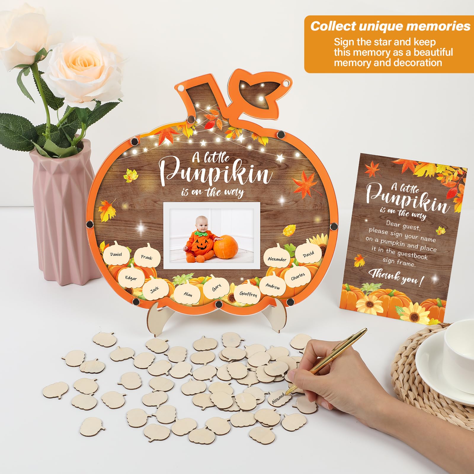 64Pcs Little Pumpkin Baby Shower Guest Book Alternatives Fall Baby Shower Decorations, He or She Gender Reveal Wooden Sign in Guest Book Photo Frame Keepsakes for Guests Girl Boy Birthday Party Favors