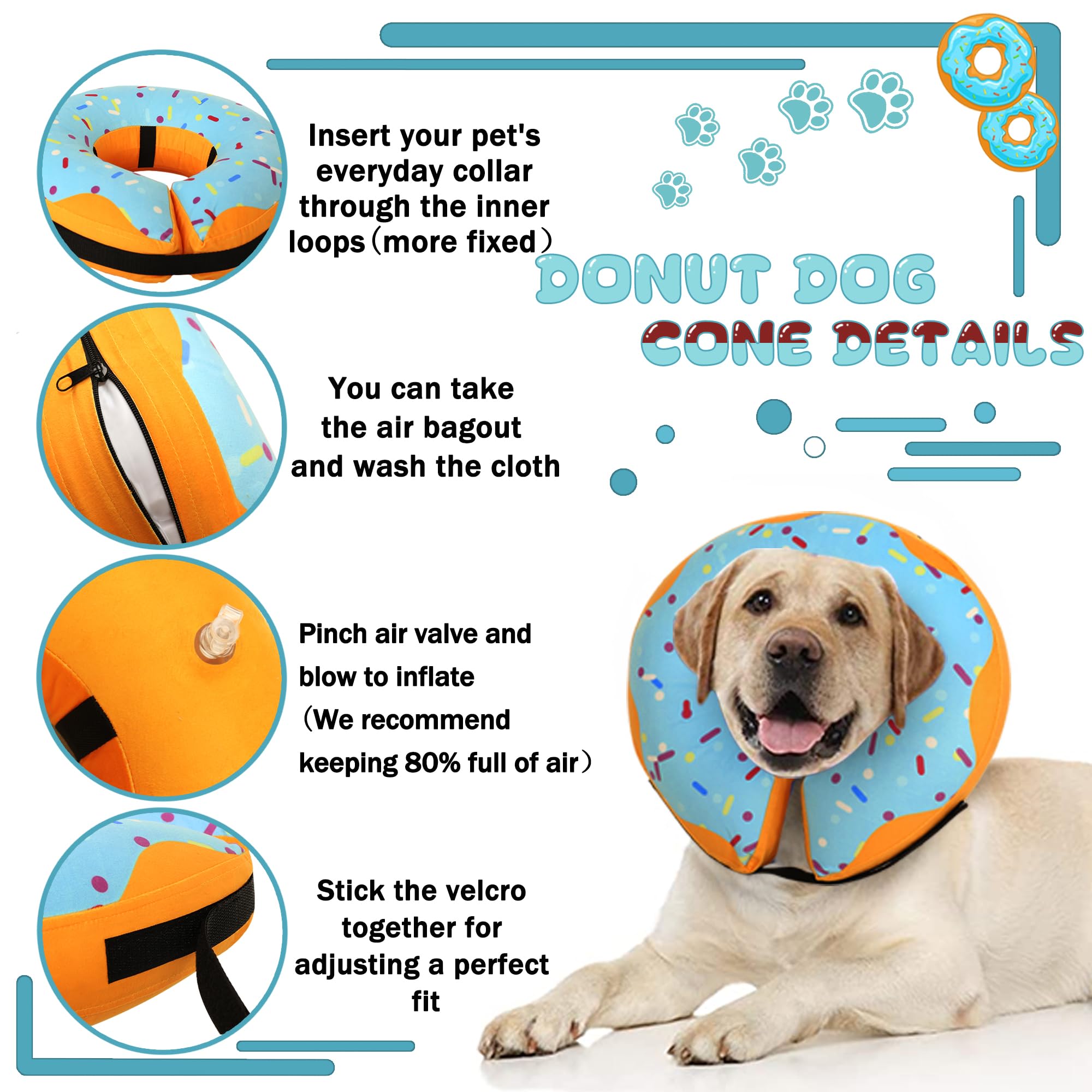 Recovery Donut Collar for Dogs & Cat,Inflatable Dog Cone Collar Alternative After Surgery,Soft Dog Cone for Large Medium Small Dog,Adjustable Dog Neck Donut Collar(Blue,Small)