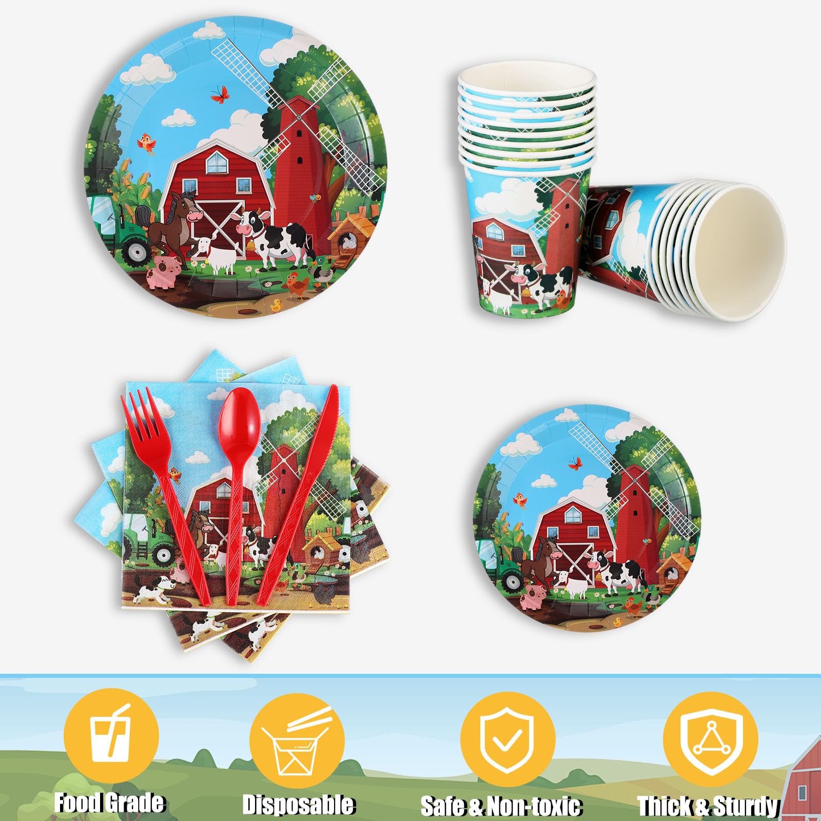 Hushee 171 Pcs Farm Animals Theme Party Supplies Cowboy Farm Barn Party Tablecloth 24 Guests Dinner Plates Dessert Plates Cups Napkins Banner for Baby Shower Western Cowgirl Farm Party Decoration