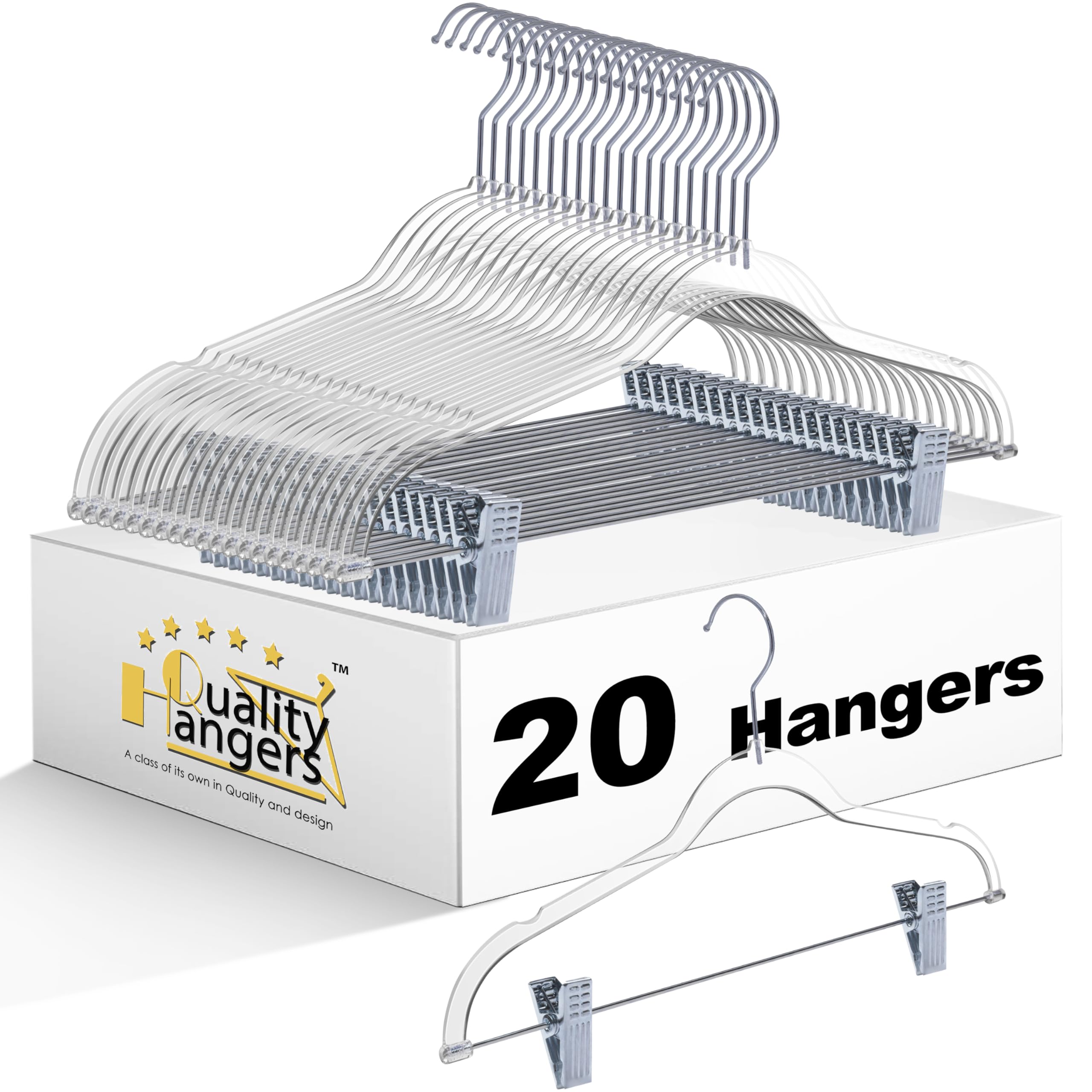 Clear Plastic Pants Hangers with Clips 20 Pack | Heavy Duty Skirt Hangers Swivel Hook and Notches | Space Saving Acrylic Clip Hangers for Pants | Suitable for All Clothing | 16.5 Inch (Clear, 20)