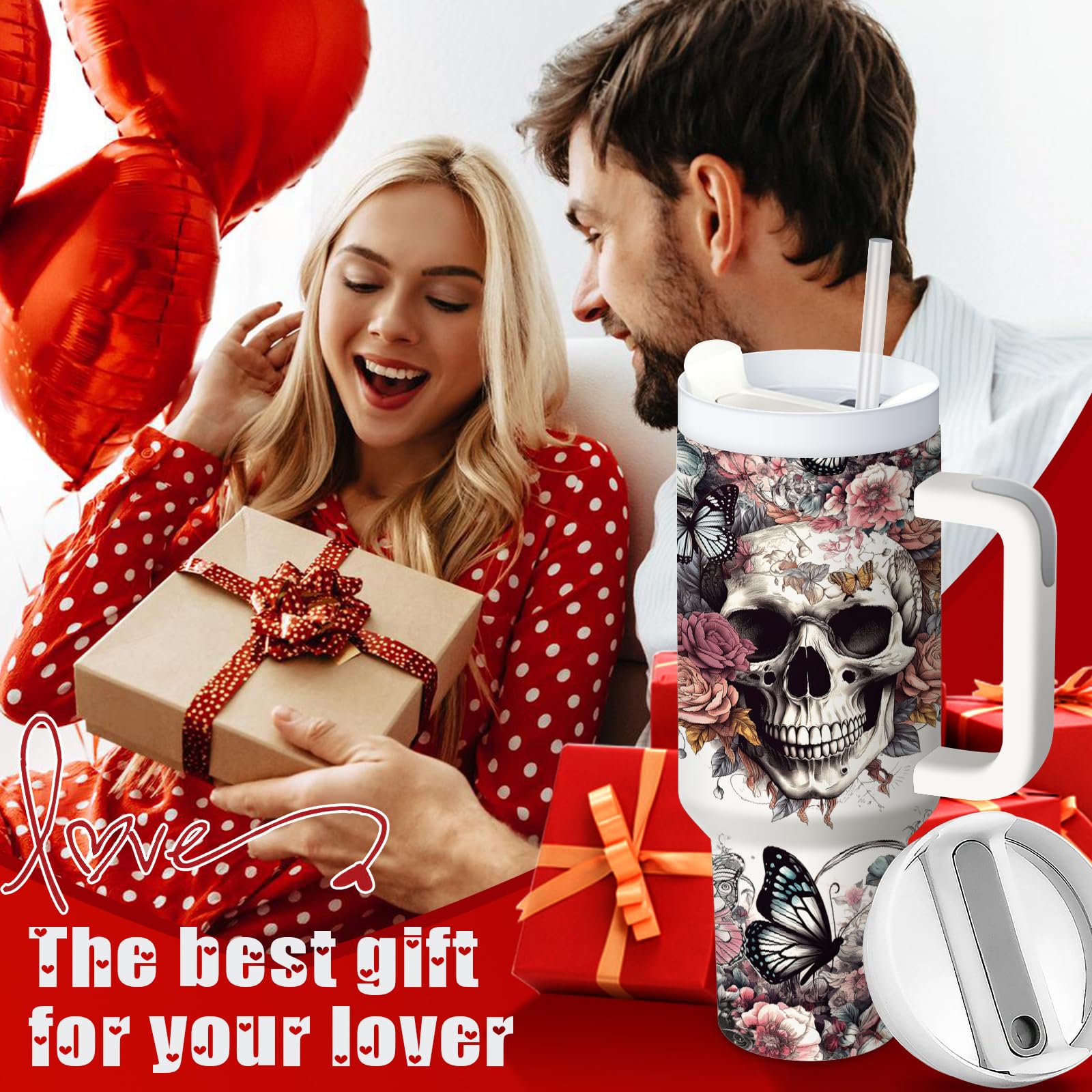 Equoza Horror Gifts Idea for Men - 40oz Gothic Skulls Stainless Steel Travel Mug Tumbler with Handle, Double Wall Vacuun Insulated Cup with Lid and Straw