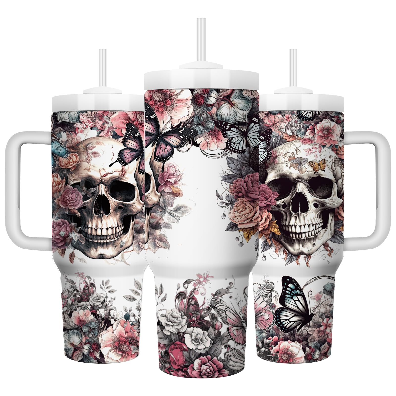 Equoza Horror Gifts Idea for Men - 40oz Gothic Skulls Stainless Steel Travel Mug Tumbler with Handle, Double Wall Vacuun Insulated Cup with Lid and Straw