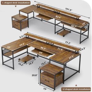 SEDETA U Shaped Desk, Reversible L Shaped Home Office Desk with File Drawer & Power Outlet, 101.5'' Computer Two Person Desk with Monitor Shelf, Keyboard Tray, Gaming Desk, Rustic Brown