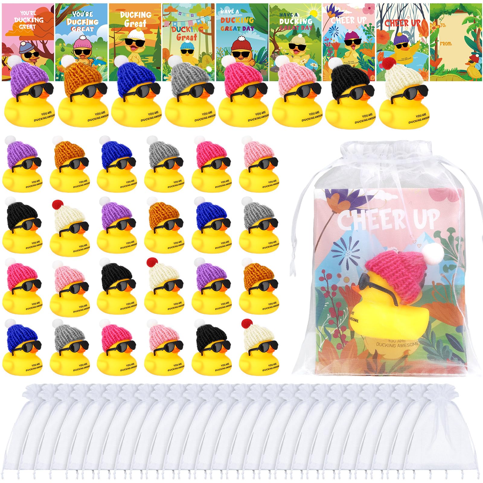 Wettarn 32 Sets Employee Appreciation Gifts Thank You Gift Set Motivational Gifts You're Ducking Awesome Cheer up Cards Mini Rubber Ducks with Glasses and Hats with Card for Coworkers