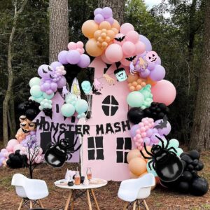 Halloween Monster Balloon Garland Arch kit, Black Purple Green Balloons with Spider Foil Balloons Monster Mash Banner for Hocus Pocus Spooky Halloween Baby Shower Birthday Party Decorations