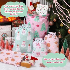 Clysee 10 Pcs Pink Christmas Fabric Gift Bags with Drawstrings Xmas Stocking Storage Sacks Large Medium Small Reusable Christmas Gift Bag Cotton Wrapping Bags for Xmas Presents Party Favor