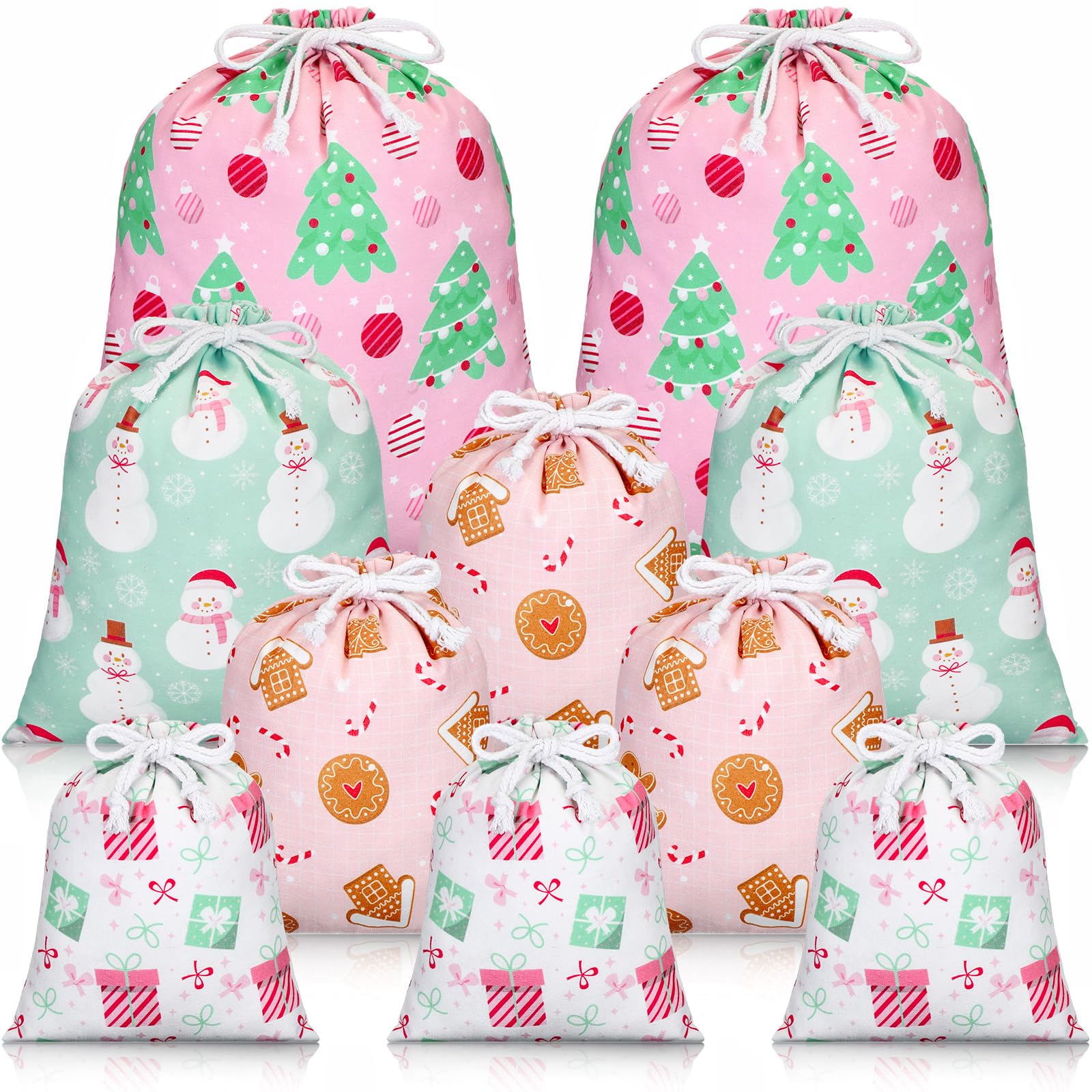 Clysee 10 Pcs Pink Christmas Fabric Gift Bags with Drawstrings Xmas Stocking Storage Sacks Large Medium Small Reusable Christmas Gift Bag Cotton Wrapping Bags for Xmas Presents Party Favor