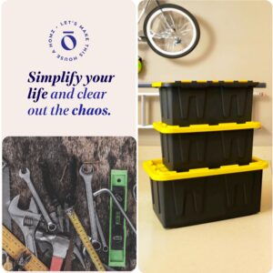 HOMZ 15-Gallon Durabilt Plastic Stackable Storage Organizer Container w/Snap Lid and Hasps for Tie-Down Straps or Locks, Black/Yellow (4 Pack)