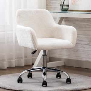 Homedraft Faux Fur 360°Swivel Desk Chair, Height Adjustable Home Office Armchair with Slivery Base for Teens Women Girls, Upholstery Computer Chair for Home Studios, Sherpa & White