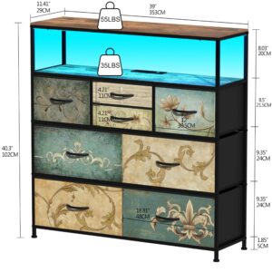 Tohomeor TV Stand with Power Oulet Dresser with Charging Station & LED Light Dresser with 8 Fabric Drawers for Living Room Storage Chest of Drawers Retro Dresser with Open Shelf Wooden Top