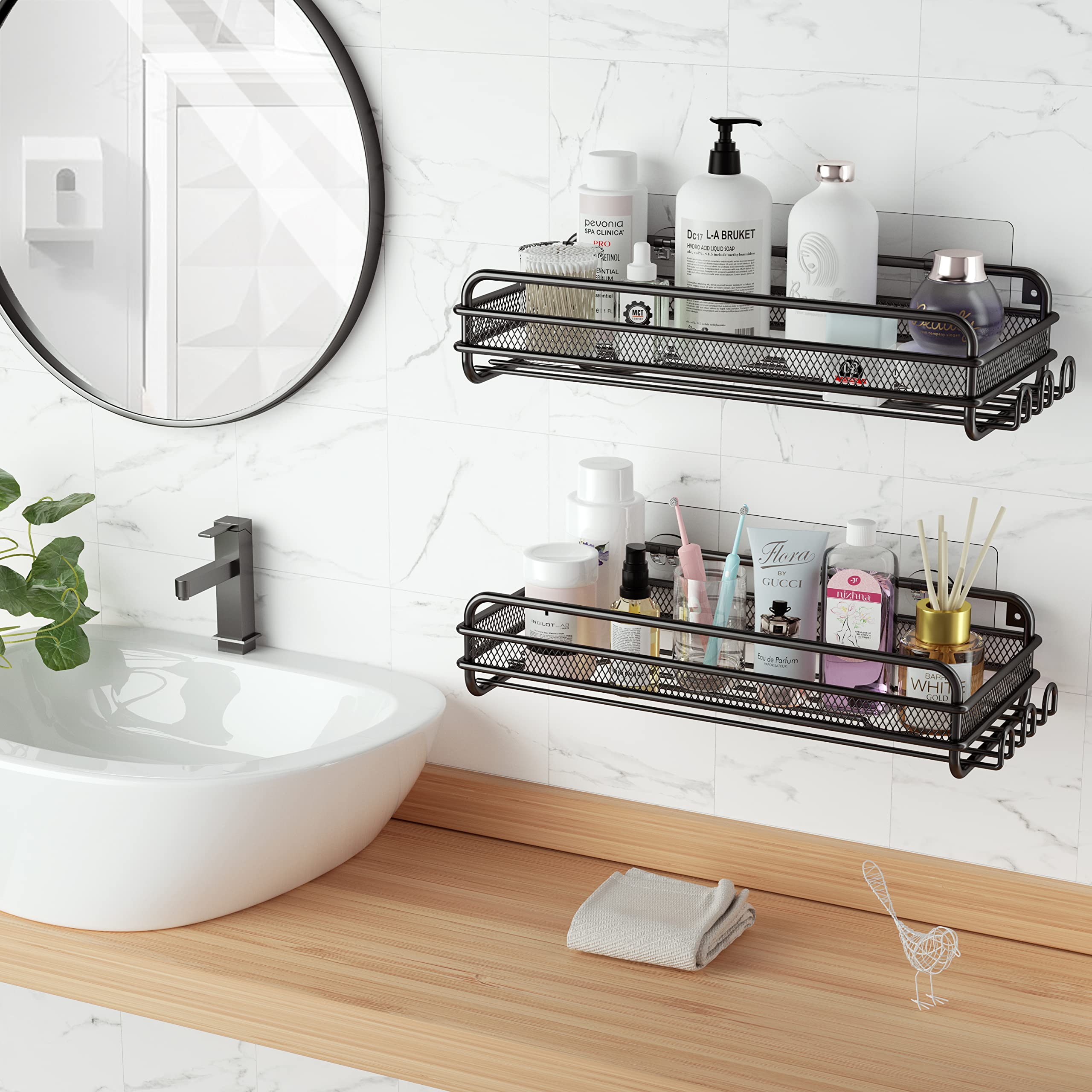 RelaxScene Shower Caddy Shelf - Self Adhesive 3-Pack Bathroom Organizer Suction Storage with Soap/Shampoo Holder Shelves Rack for Inside Shower Black