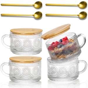 pumtus 4 pack vintage glass coffee mugs, 14 oz embossed tea cups with bamboo lids and spoons, clear drinking glassware with handle, breakfast cup overnight oats container for latte cereal yogurt milk