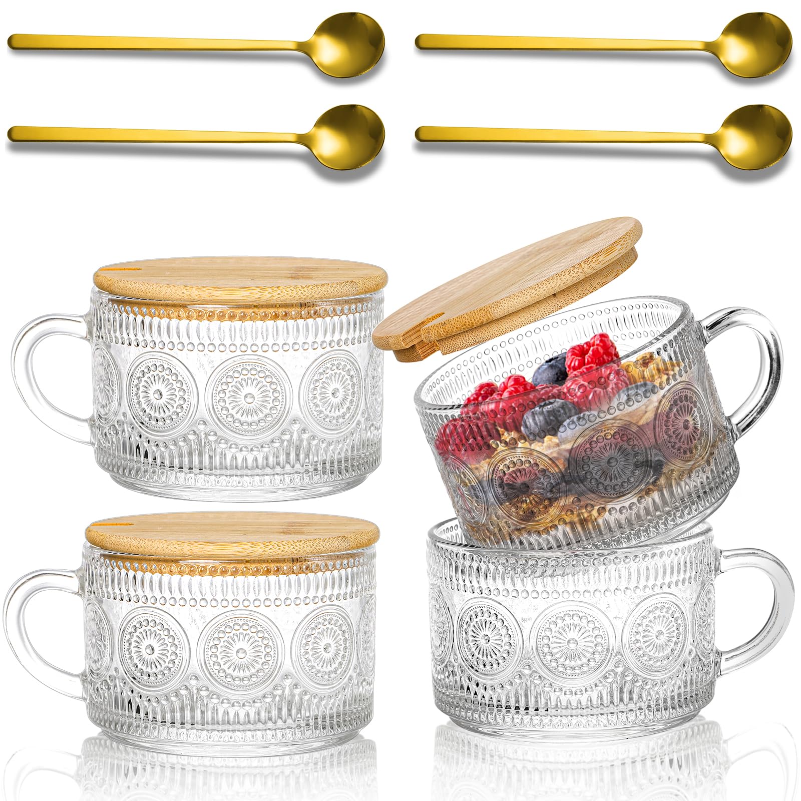 Pumtus 4 Pack Vintage Glass Coffee Mugs, 14 OZ Embossed Tea Cups with Bamboo Lids and Spoons, Clear Drinking Glassware with Handle, Breakfast Cup Overnight Oats Container for Latte Cereal Yogurt Milk