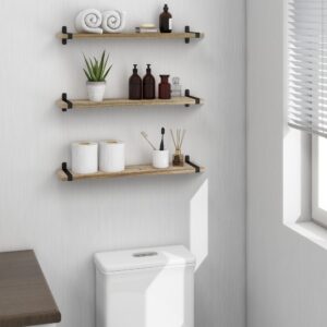 Sapowerntus Wood Floating Shelves Bathroom Wall Mounted, 24 Inch Light Rustic Farmhouse Narrow Shelf Storage, Bedroom Living Room Kitchen Office Display Decor with U Metal Brackets Set of 3