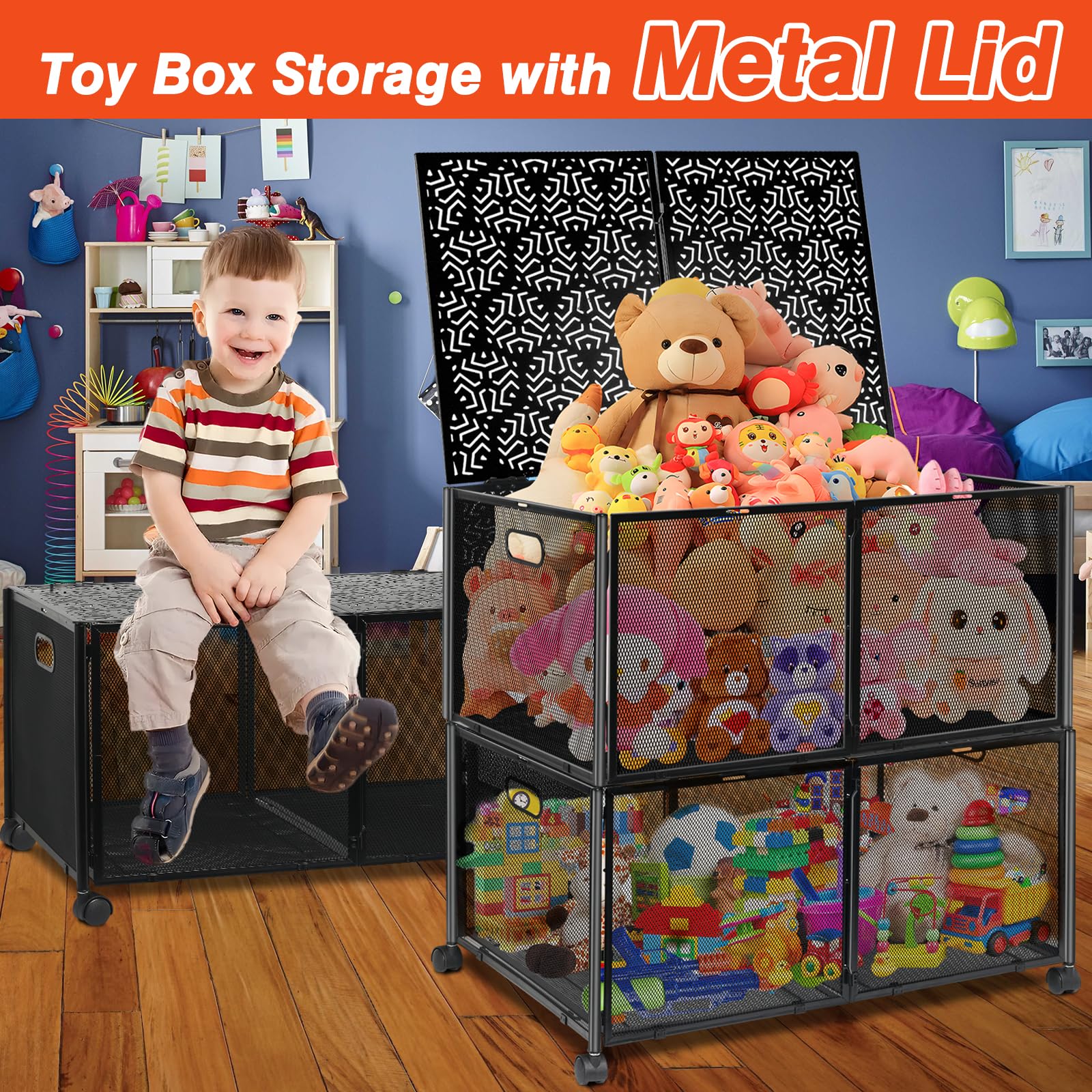 Haturi Large Metal Toy Box Storage, 2 Pack Large Toy Storage and Organizer with Metal Lid, Sturdy Toy Organizer with Wheels, Storage Boxes Bins for Playroom, Living Room, Bedroom (Black Collapsible)