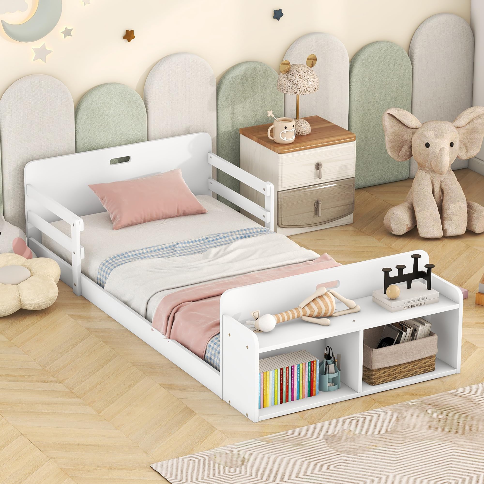 Bellemave Twin Size Floor Bed with Headboard and Footboard Solid Wood Twin Bed for Kids with Storage Footboard and Guardrail, White