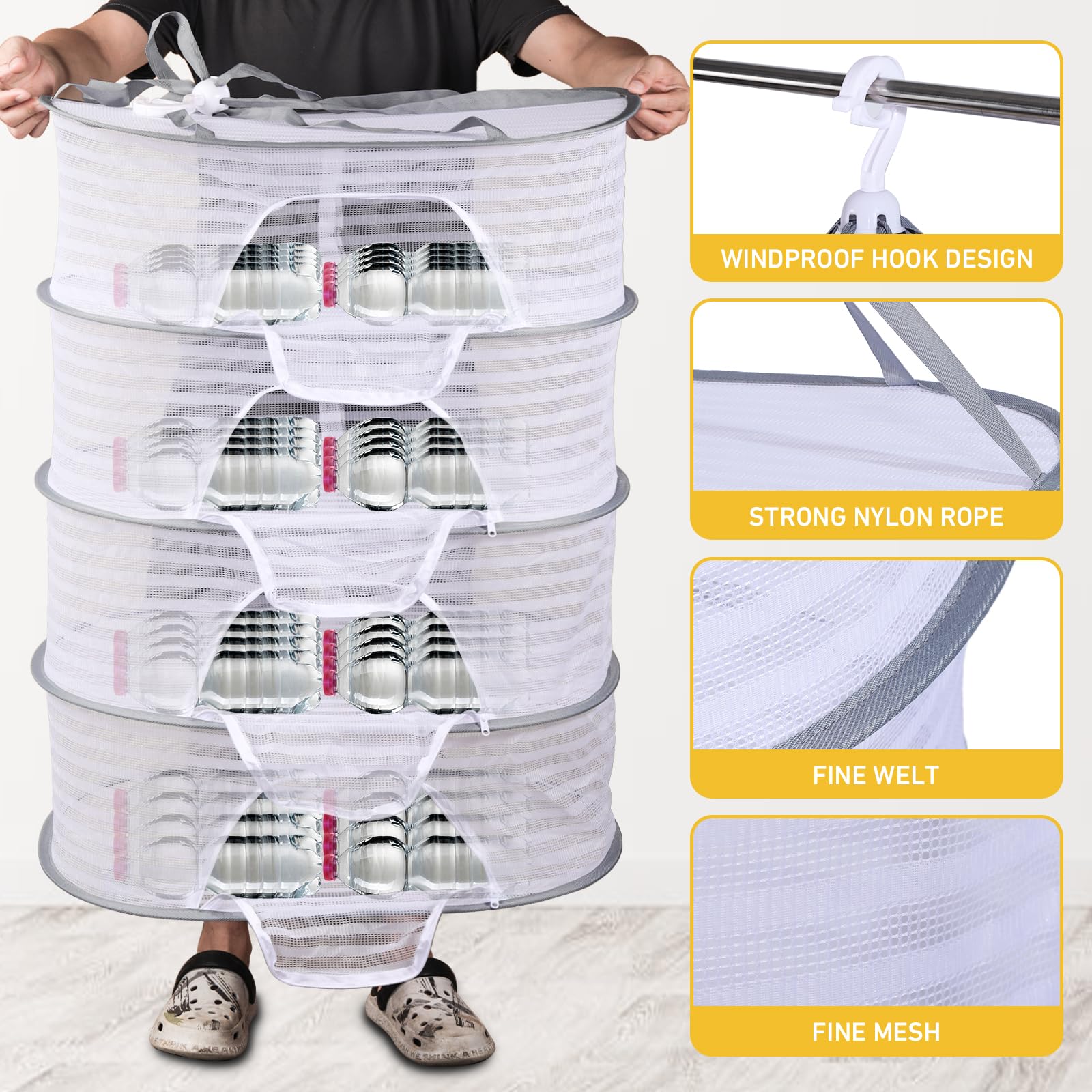 Herb Drying Rack-4 Layer herb drying rack hanging,herb dryer with Foldable Mesh Net Hook and Zippers for Herbs, Fruits Bud Hydroponic Flowers Vegetables Plants Fish Clothes for Outdoor Indoor Use