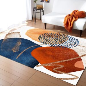 mid century terracotta abstract geometry area rug, burnt orange navy block gold line accent indoor rugs, home decor soft rugs collection comfy floor mat for bedroom living room 5x6ft