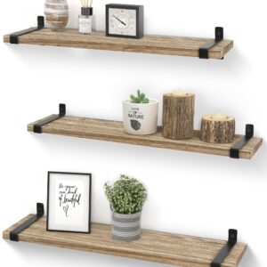 Sapowerntus Wood Floating Shelves Bathroom Wall Mounted, 24 Inch Light Rustic Farmhouse Narrow Shelf Storage, Bedroom Living Room Kitchen Office Display Decor with U Metal Brackets Set of 3