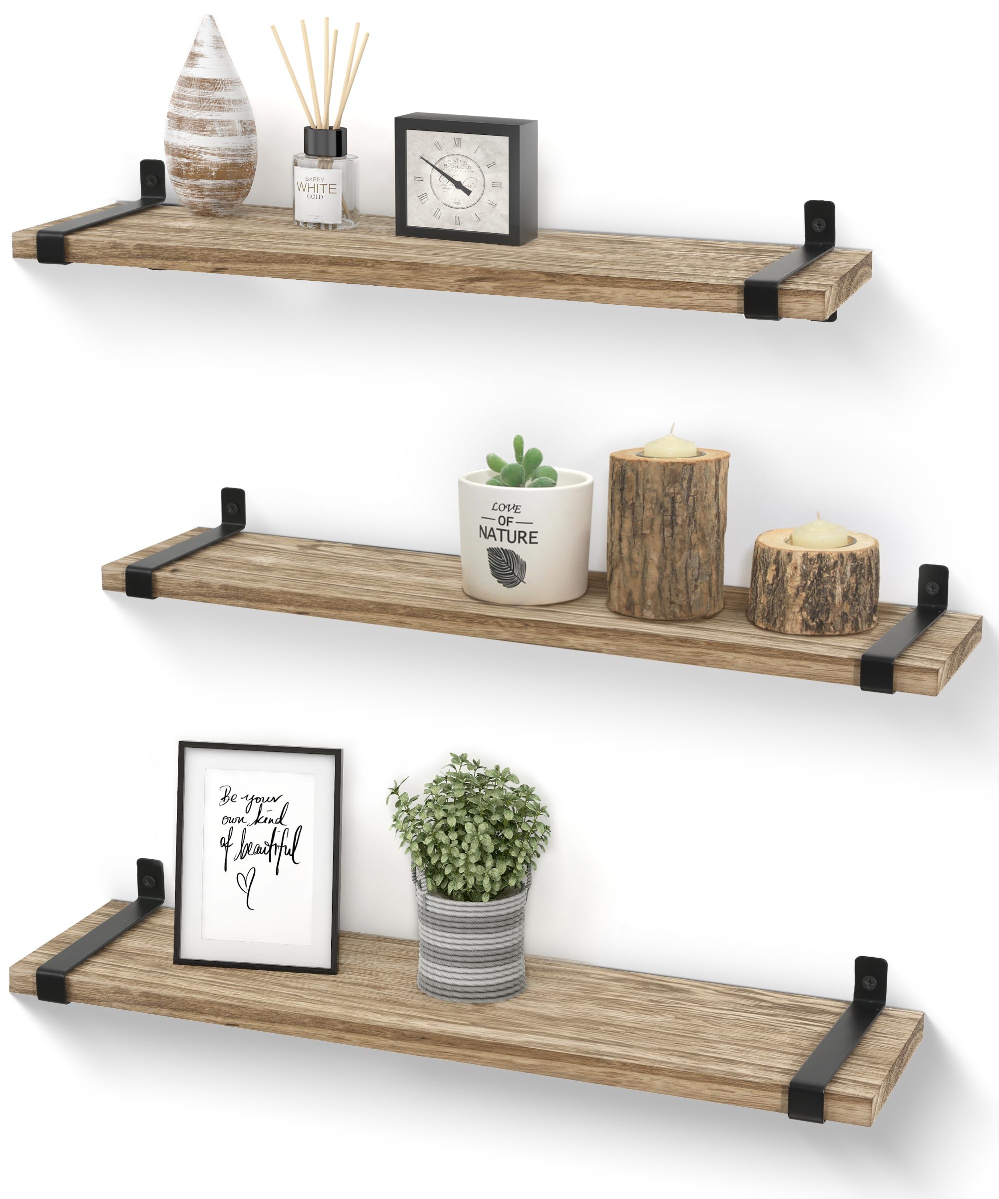 Sapowerntus Wood Floating Shelves Bathroom Wall Mounted, 24 Inch Light Rustic Farmhouse Narrow Shelf Storage, Bedroom Living Room Kitchen Office Display Decor with U Metal Brackets Set of 3