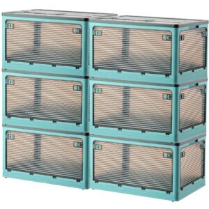 anminy 6pcs lidded plastic storage bins 89qt 5-door collapsible stackable portable crate clear storage box bulk container basket with wheels handles lid for hometravel car truck - green, extra large