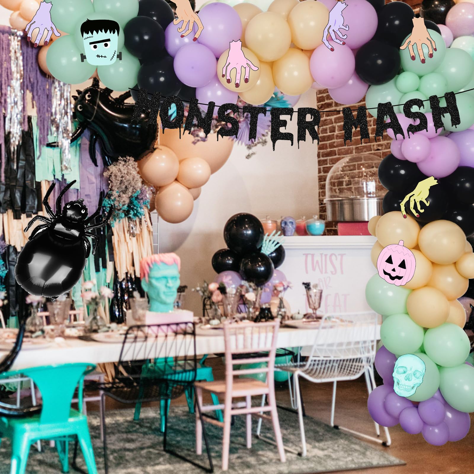 Halloween Monster Balloon Garland Arch kit, Black Purple Green Balloons with Spider Foil Balloons Monster Mash Banner for Hocus Pocus Spooky Halloween Baby Shower Birthday Party Decorations