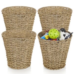 hushee 4 pcs seagrass wicker waste basket woven rattan trash can boho waste paper trash bin garbage cans for bedroom kitchen bathroom offices home, brown