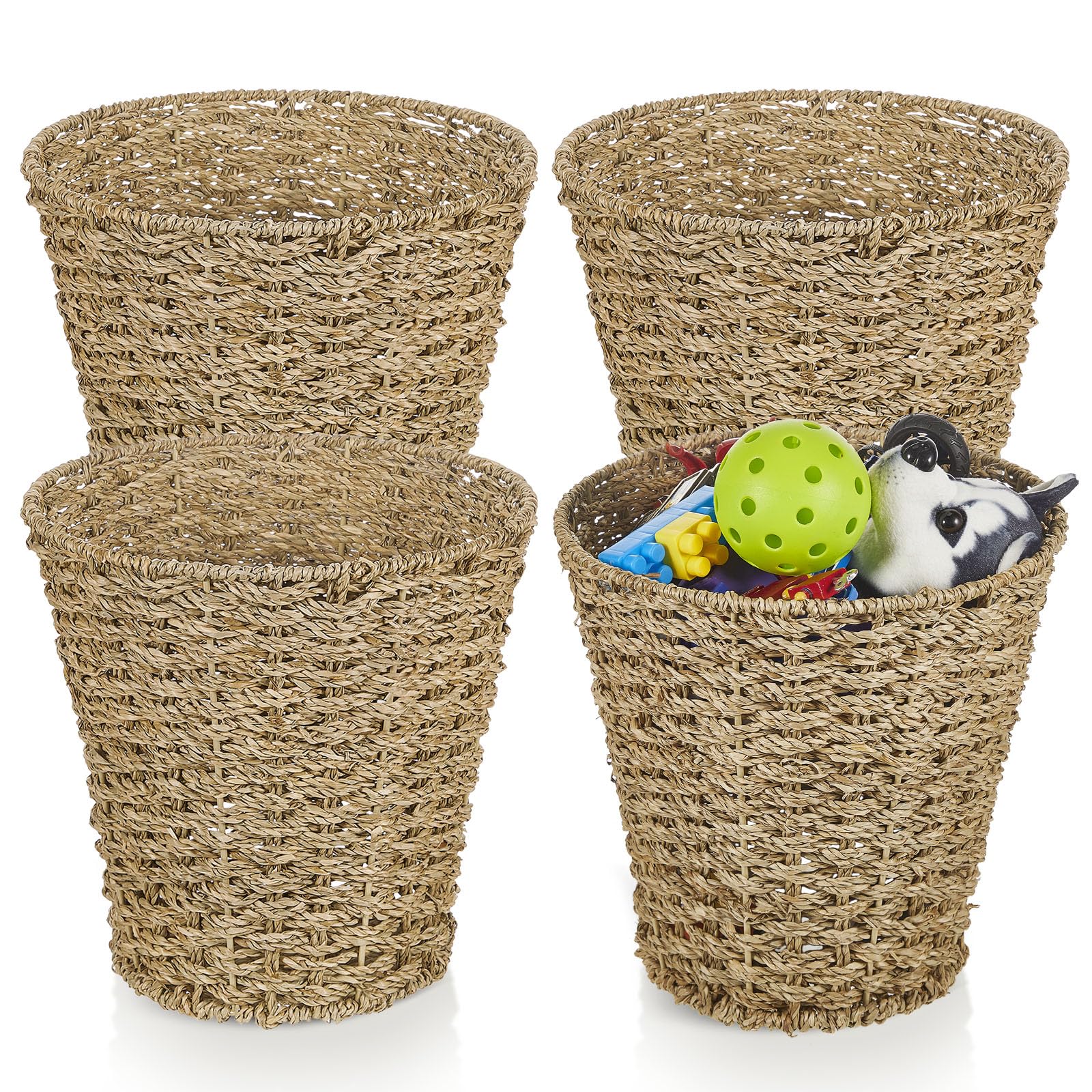 Hushee 4 Pcs Seagrass Wicker Waste Basket Woven Rattan Trash Can Boho Waste Paper Trash Bin Garbage Cans for Bedroom Kitchen Bathroom Offices Home, Brown