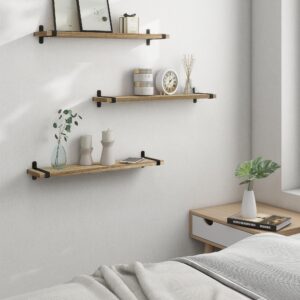 Sapowerntus Wood Floating Shelves Bathroom Wall Mounted, 24 Inch Light Rustic Farmhouse Narrow Shelf Storage, Bedroom Living Room Kitchen Office Display Decor with U Metal Brackets Set of 3