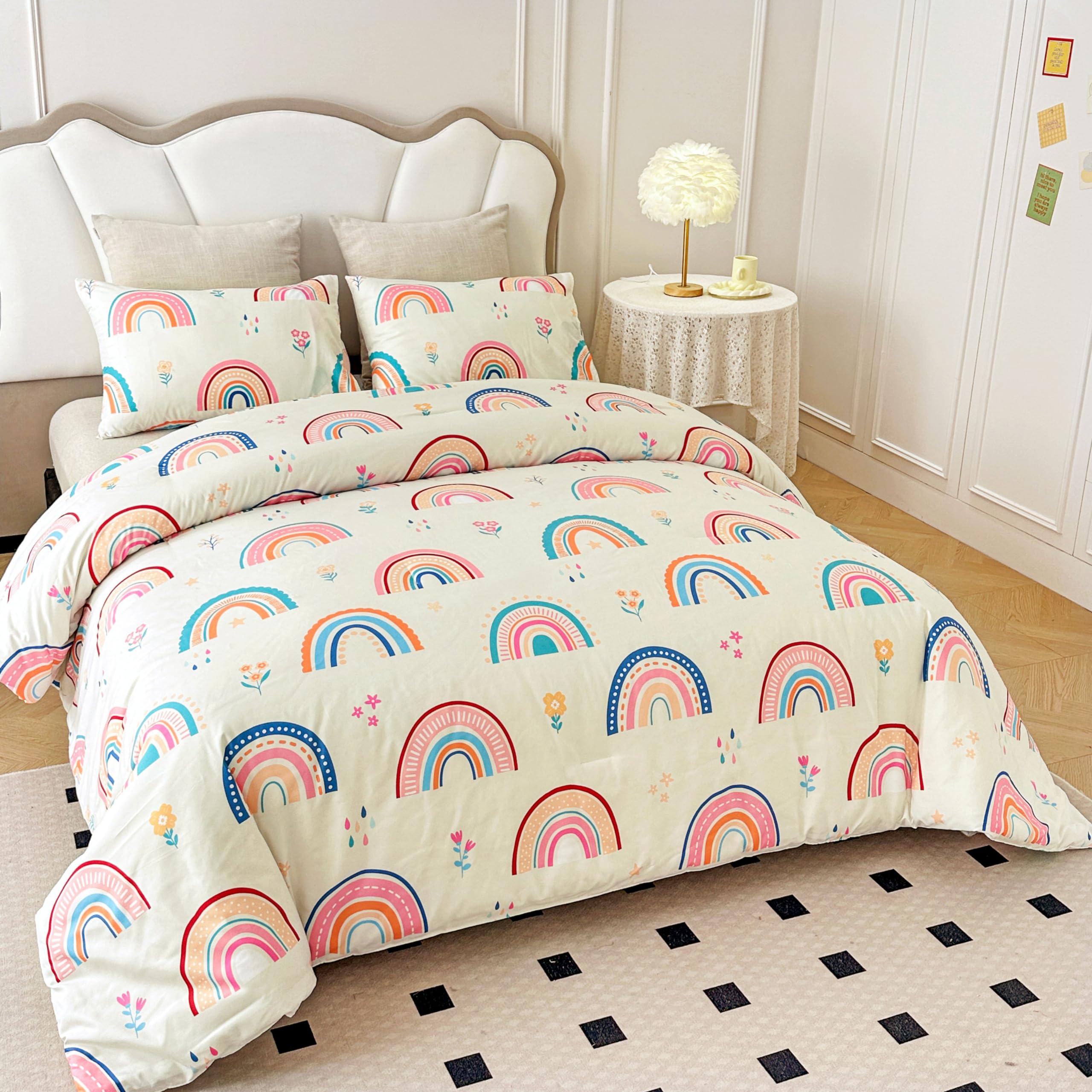 Btargot Lightweight Soft 3 Piece Rainbow Comforter Set with 2 Pillow Covers, Cartoon Love Hearts Flowers and Grass Bedding Set for Girls Boys Kids, Full Multi-Color