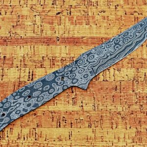 9 inches long Rain drop pattern Damascus steel Trailing point blank blade, knife making supplies, 4.5 inches long straight back scale with 3 pin and a lace holes, 4 inches cutting edge