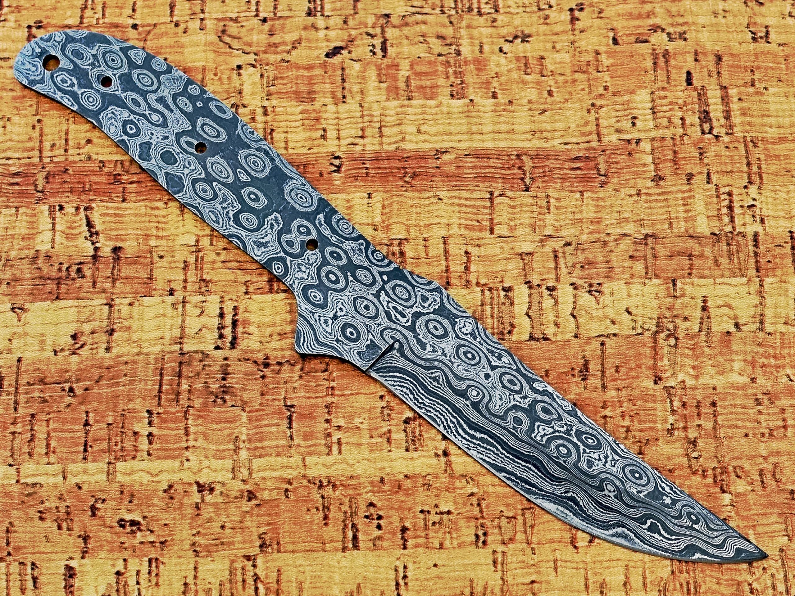 9 inches long Rain drop pattern Damascus steel Trailing point blank blade, knife making supplies, 4.5 inches long straight back scale with 3 pin and a lace holes, 4 inches cutting edge