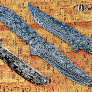 9 inches long Rain drop pattern Damascus steel Trailing point blank blade, knife making supplies, 4.5 inches long straight back scale with 3 pin and a lace holes, 4 inches cutting edge