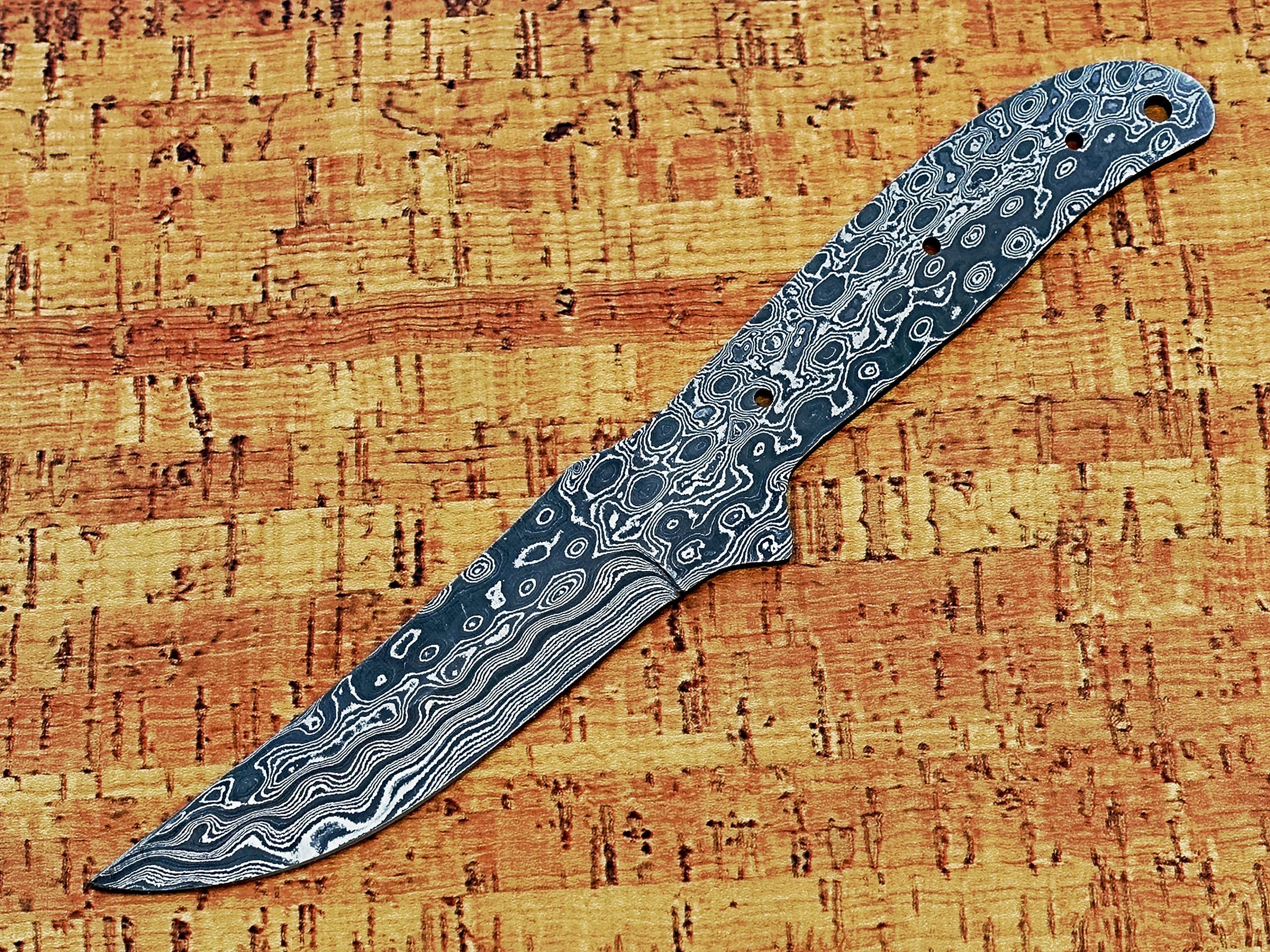 9 inches long Rain drop pattern Damascus steel Trailing point blank blade, knife making supplies, 4.5 inches long straight back scale with 3 pin and a lace holes, 4 inches cutting edge