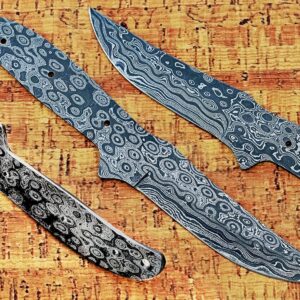 9 inches long Rain drop pattern Damascus steel Trailing point blank blade, knife making supplies, 4.5 inches long straight back scale with 3 pin and a lace holes, 4 inches cutting edge