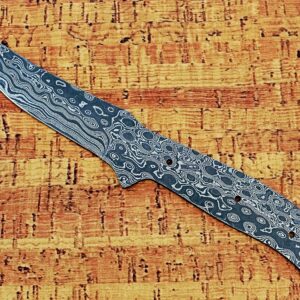 9 inches long Rain drop pattern Damascus steel Trailing point blank blade, knife making supplies, 4.5 inches long straight back scale with 3 pin and a lace holes, 4 inches cutting edge