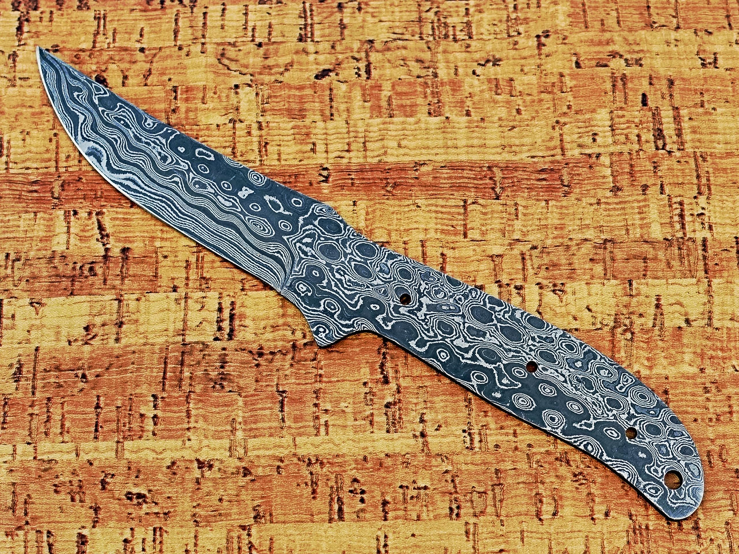 9 inches long Rain drop pattern Damascus steel Trailing point blank blade, knife making supplies, 4.5 inches long straight back scale with 3 pin and a lace holes, 4 inches cutting edge