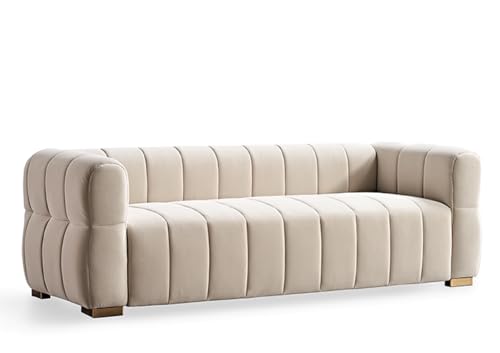 Container Furniture Direct Art Deco Velvet Sofa with Tufted Low Back Design, Sophisticated 3 Seater Couch for Living Rooms, 89 Inch Wide, Easy Assembly, Beige