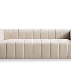 Container Furniture Direct Art Deco Velvet Sofa with Tufted Low Back Design, Sophisticated 3 Seater Couch for Living Rooms, 89 Inch Wide, Easy Assembly, Beige