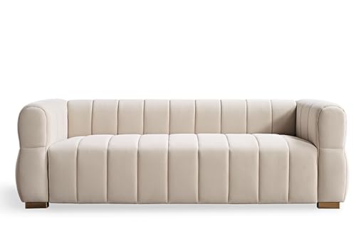 Container Furniture Direct Art Deco Velvet Sofa with Tufted Low Back Design, Sophisticated 3 Seater Couch for Living Rooms, 89 Inch Wide, Easy Assembly, Beige