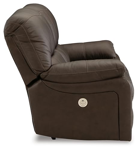 Signature Design by Ashley Leesworth Modern Leather Match Power Reclining Loveseat with USB Ports, Dark Brown