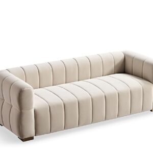 Container Furniture Direct Art Deco Velvet Sofa with Tufted Low Back Design, Sophisticated 3 Seater Couch for Living Rooms, 89 Inch Wide, Easy Assembly, Beige