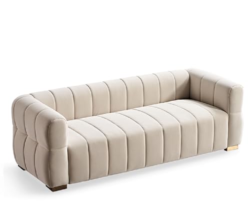 Container Furniture Direct Art Deco Velvet Sofa with Tufted Low Back Design, Sophisticated 3 Seater Couch for Living Rooms, 89 Inch Wide, Easy Assembly, Beige