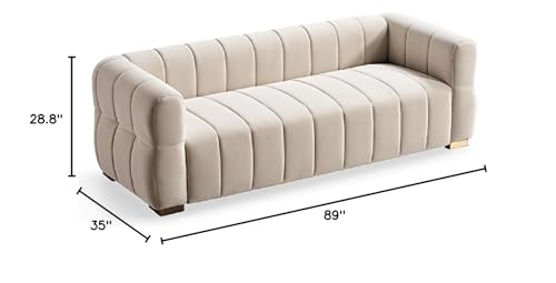 Container Furniture Direct Art Deco Velvet Sofa with Tufted Low Back Design, Sophisticated 3 Seater Couch for Living Rooms, 89 Inch Wide, Easy Assembly, Beige