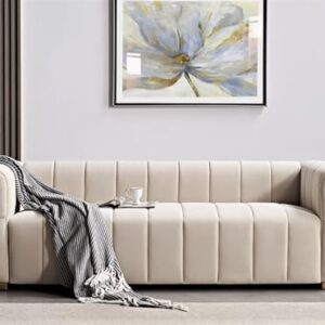 Container Furniture Direct Art Deco Velvet Sofa with Tufted Low Back Design, Sophisticated 3 Seater Couch for Living Rooms, 89 Inch Wide, Easy Assembly, Beige