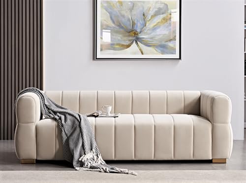 Container Furniture Direct Art Deco Velvet Sofa with Tufted Low Back Design, Sophisticated 3 Seater Couch for Living Rooms, 89 Inch Wide, Easy Assembly, Beige